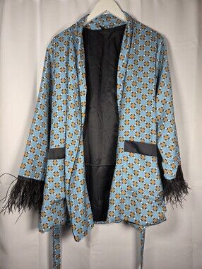 YMHY Blue Jacket Black Feather Cuffs Belted Coat Women's Size M/L